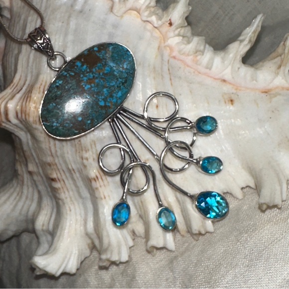 Exotic Kingman Turquoise + Blue Topaz multi-gem statement Pendant